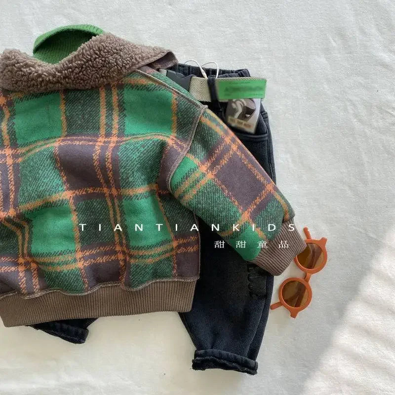 Jackets & Coats Kids' Korean Fur Lapel Coat Green Checked Fleece Jacket Single-Breasted Winter Coat for Boys & Girls