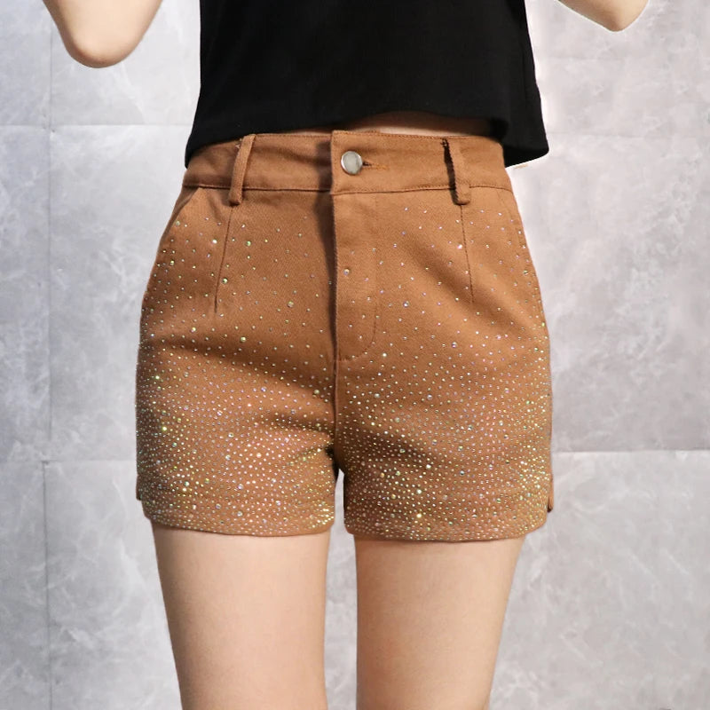 Women's High Waist iny Sequin Denim orts Summer New Sle Korean Version Slimming Elastic Wide Leg A-Line Hot Pants