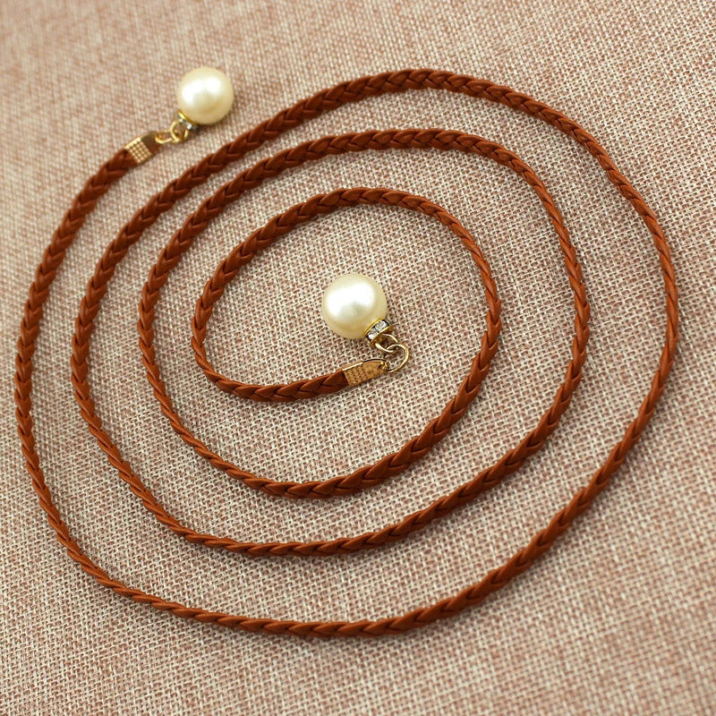 [F] Women Simple PU Leather Belt Boho Tassel Braided Self-Tie Belt Thin Waist Rope Belt