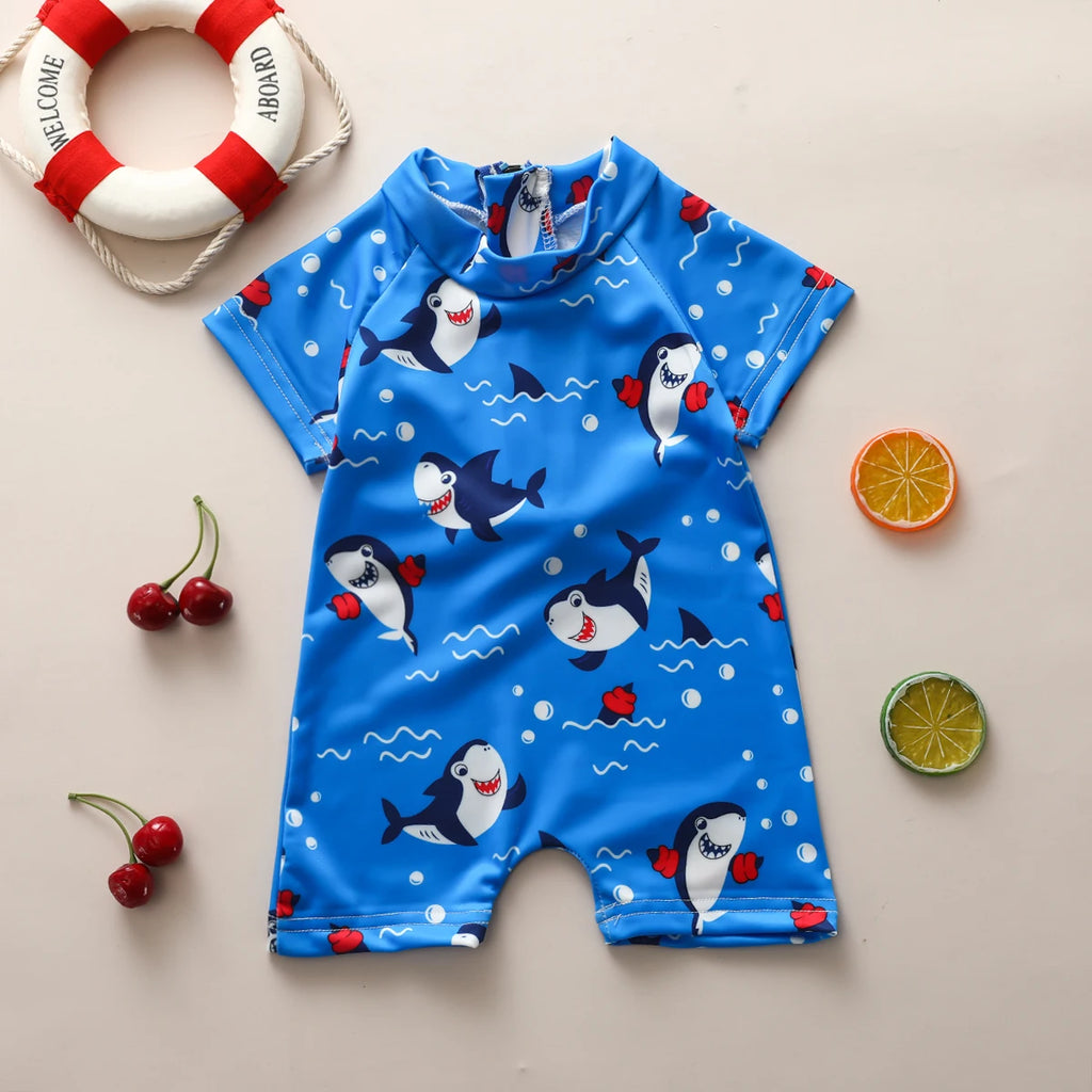 Kids Boys Summer Swimsuit Rash Guard Cartoon Animal Patterns Short Sleeve Zipper Swimwear Bathing Beachwear