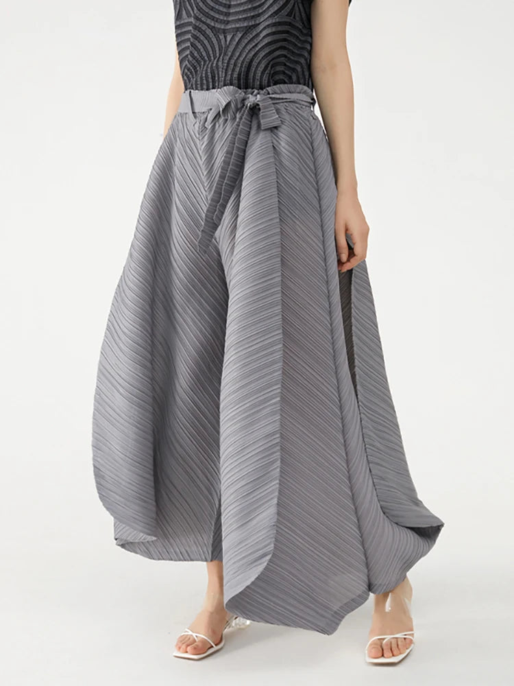 Miyake Pleated Wide Leg Loose Pants Stitching Casual Big Trousers Women Summer Dubai Designer Fashion Belt Aesthetic Clothes