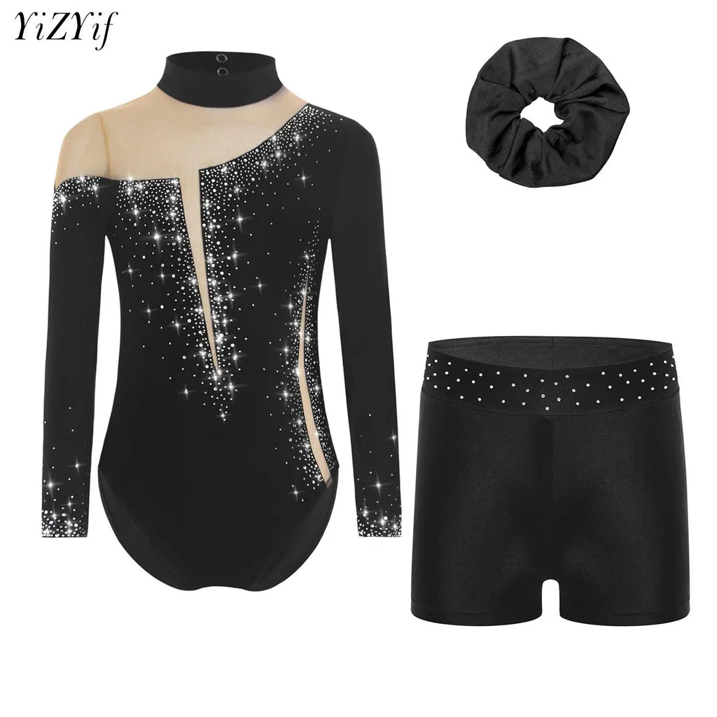 Kids Girls Ballet Dance Leotard With Body Shorts Hair Band Long Sleeve Workout Outfits Gymnastics Jersey Bodysuit Clothes