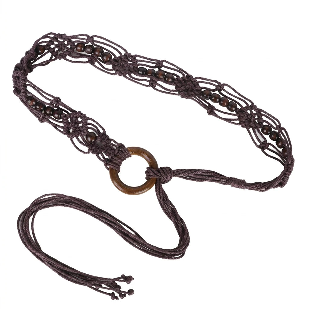 Bohemian Woven Belt for Women with Wooden Buckle Handcrafted Adjustable Long belts Skirt Accessory Stylish Casual Use