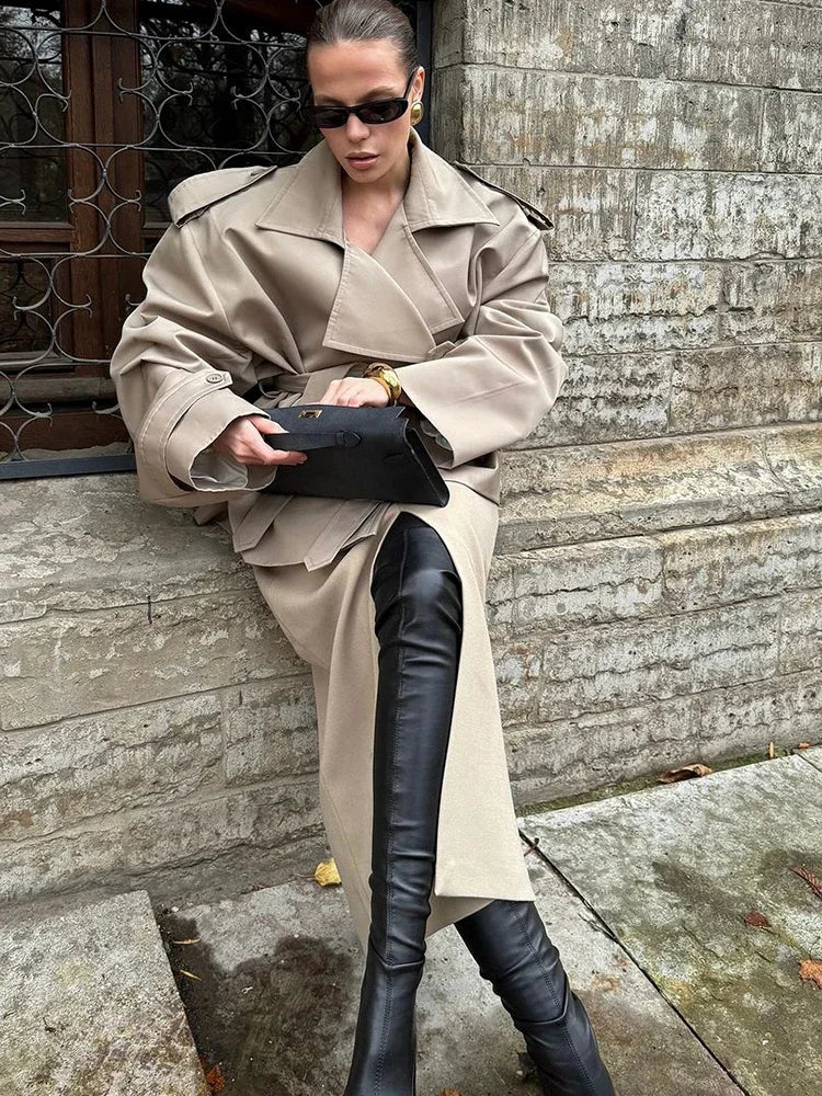 Fashion Lace up Cropped Trench Coat Women Lapel Long Sleeves Wide Shoulder Windbreaker Jacket Fall Commuting Daily Jackets 2026