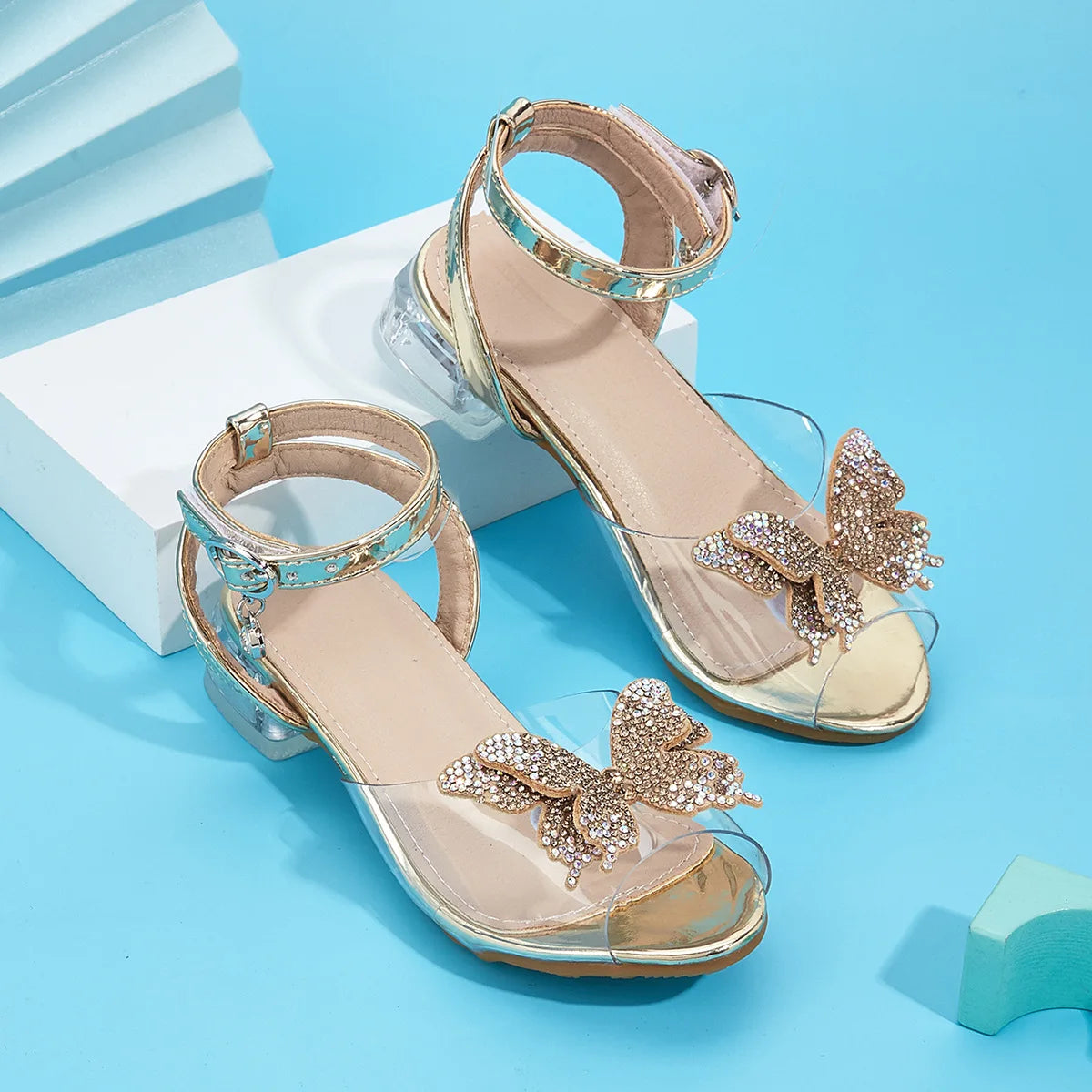 2025 Summer Latest Girls Sandals Bow Thick with Transparent Ankle Strap Children High Heels Rhine-drill Open Toe Princess Shoes