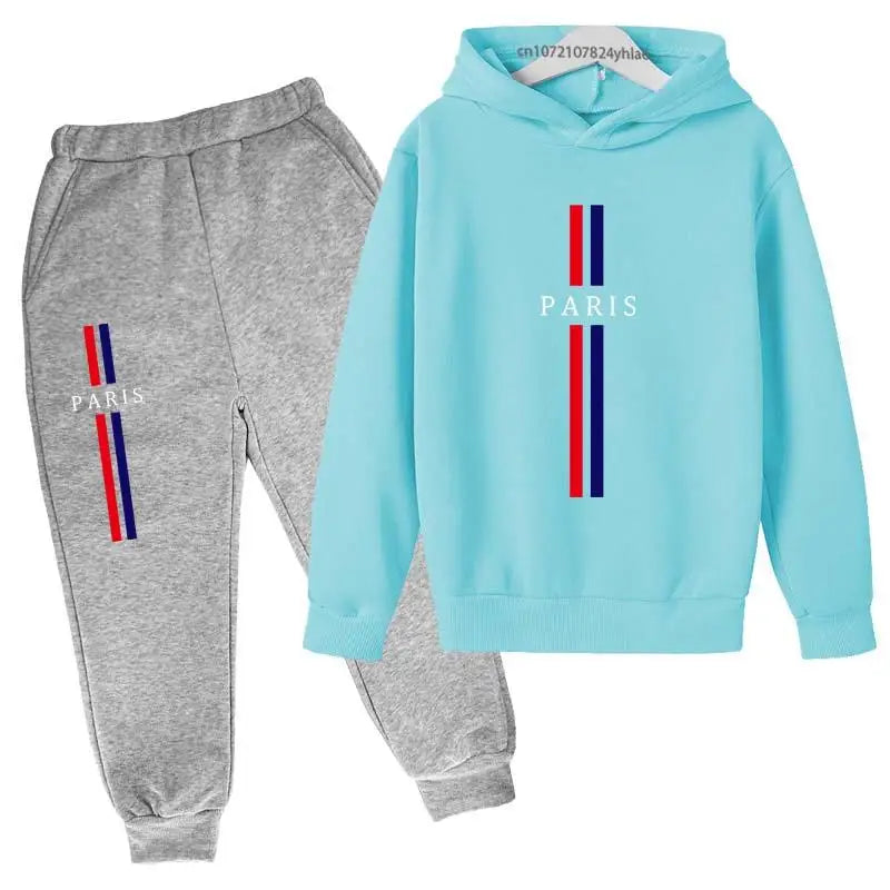Kids Autumn Spring Casual Paris Print 2pcs Hoodie+Pants Tracksuits 2-13Years Boys Girls Fashion Streetwear Children Clothes Sets