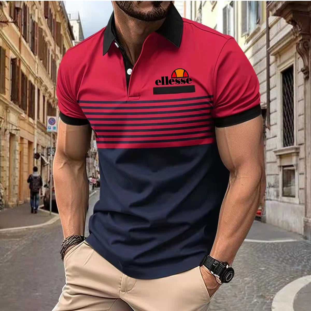 Premium Men's ellesse Polo Shirt: Skin-Friendly Material, Contrast Collar & Cuffs, Horizontal Stripes with Classic ellesse Logo