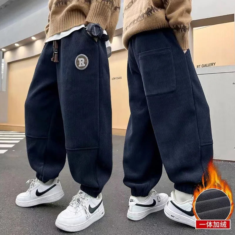 Korean Style Winter Warm Pants Children Sweatpants Thicken Corduroy Boys Casual Pants Boys Sport Pants Kids Loose Long Trousers