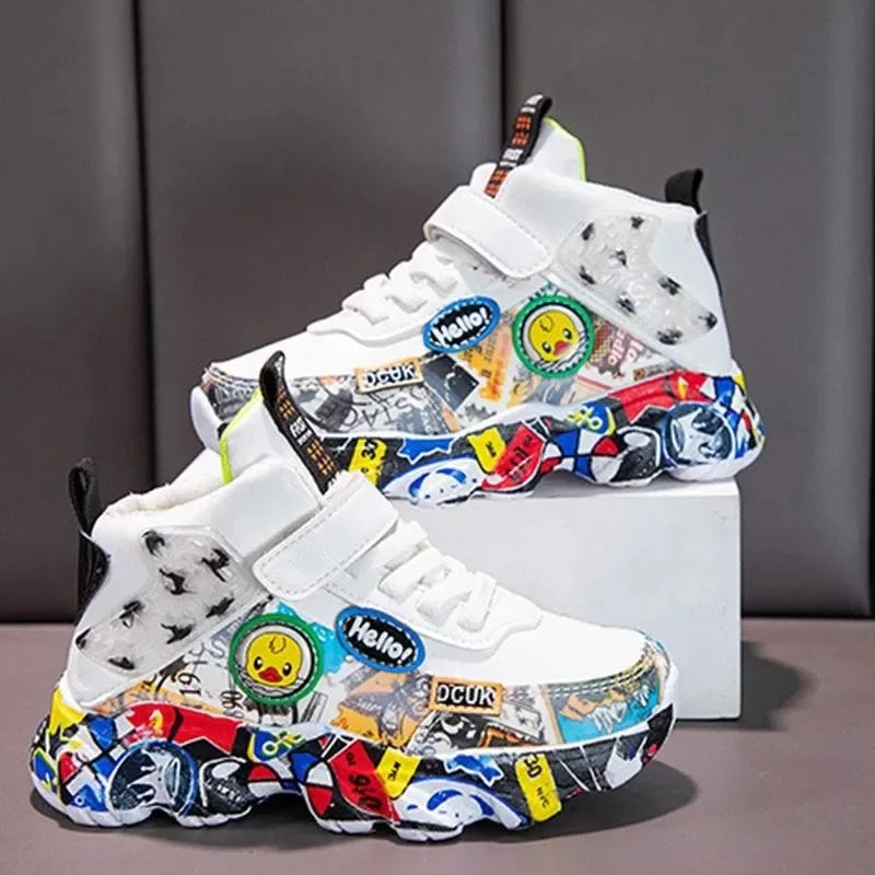 Size 26-37 Children Sports Sneakers for Girls Kid Cartoon Graffiti Pattern Casual Shoes Boys Basketball Shoe Chaussures De Sport