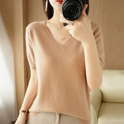 Women Sweater Casual Short Sleeve Pulls 2025 Spring Summer V-neck Knitwears Korean Fashion Shirts Tops Pullovers Soft Jumpers