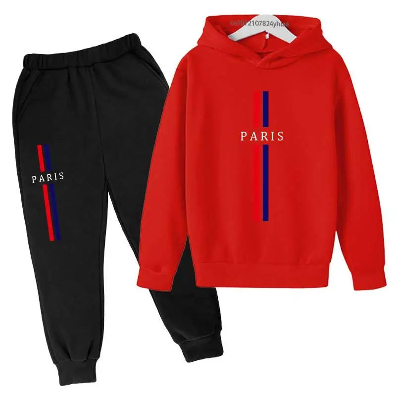 Kids Autumn Spring Casual Paris Print 2pcs Hoodie+Pants Tracksuits 2-13Years Boys Girls Fashion Streetwear Children Clothes Sets