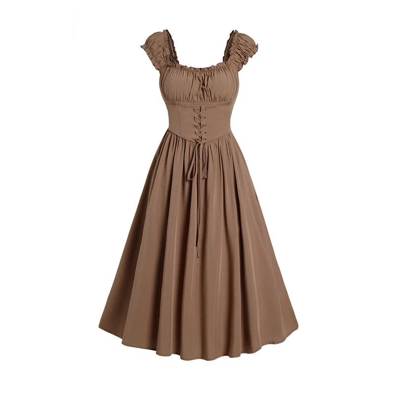 Dressfo 2024 New Womens Lace Up Vintage Midi Dress Square Neck Ruched Ruffles Cap Sleeve High Waist Dress Summer Dresses