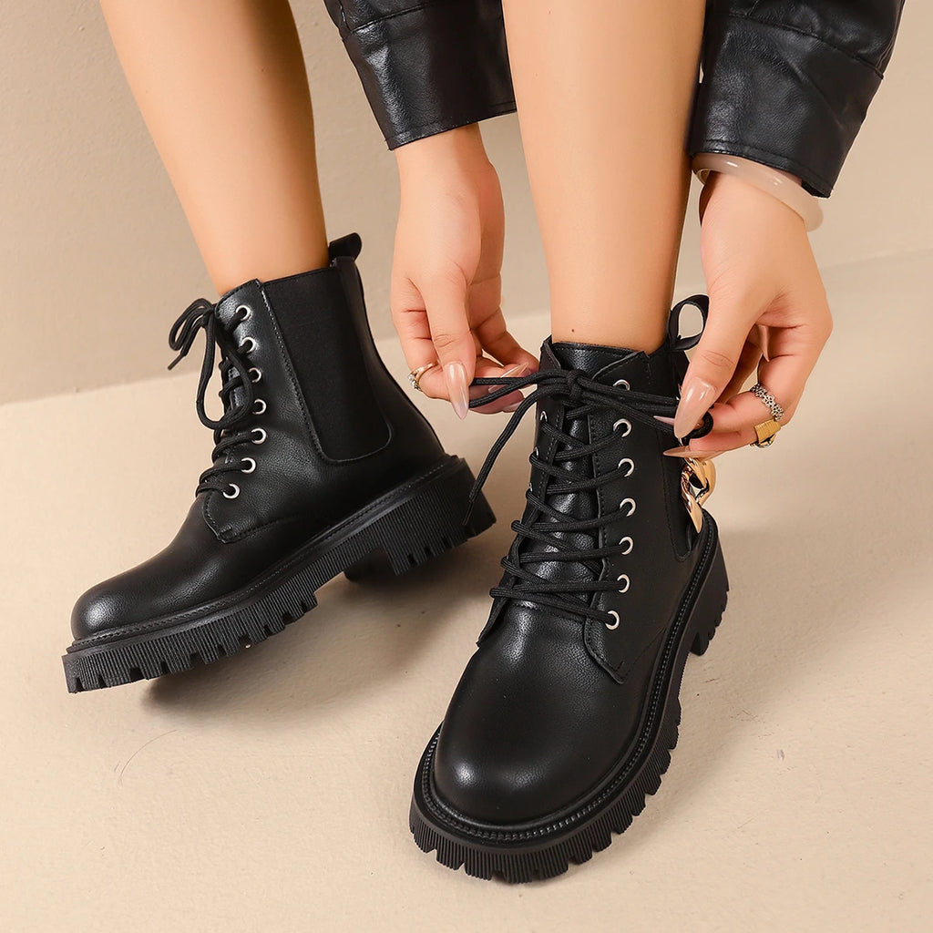 Women Platform Boots Warm Short Fashion Plush Ankle Boots Women Winter Lace Up Comfy Low Heels Shoes Women Zapatos De Mujer
