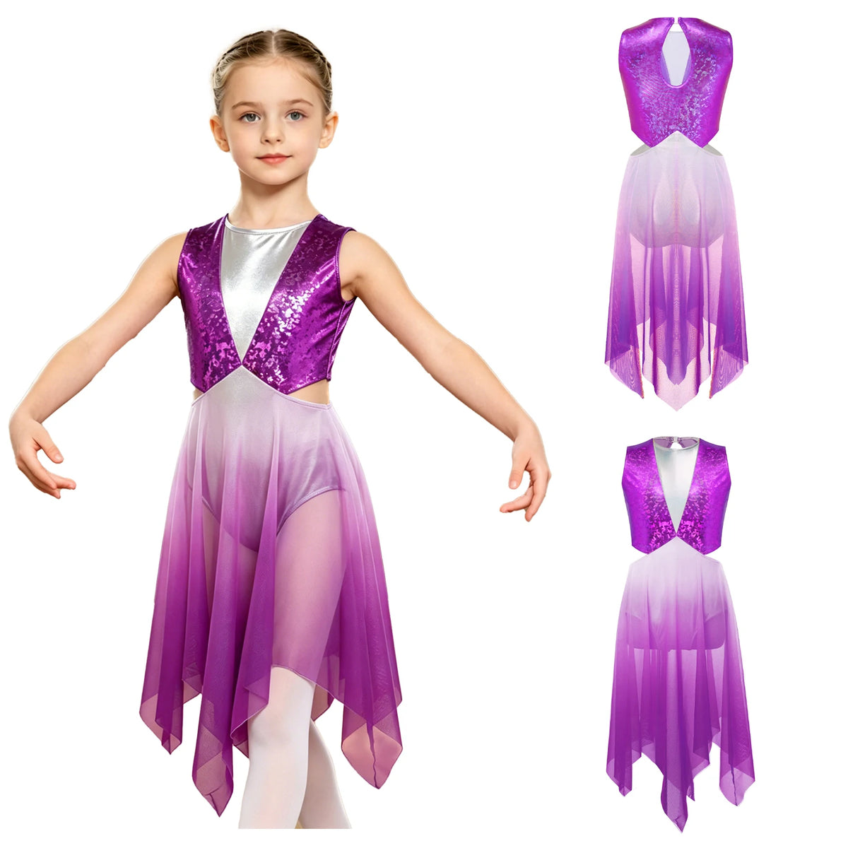 Kids Girls Modern Lyrical Dance Dress Liturgical Worship Praise Church Choir Robe Shiny Sequins Bodice Sheer Mesh Tunic Dresses