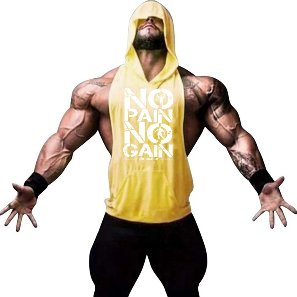Gym Clothing Mens Bodybuilding Hooded Tank Top Cotton Sleeveless Vest Sweatshirt Fitness Workout Sportswear Tops Male Suspenders