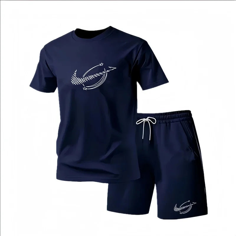 New Summer Fitness Sportswear for Men, Short-Sleeved T-Shirt and Shorts Two-Piece Set, Breathable and Quick-Drying Casual Wear.