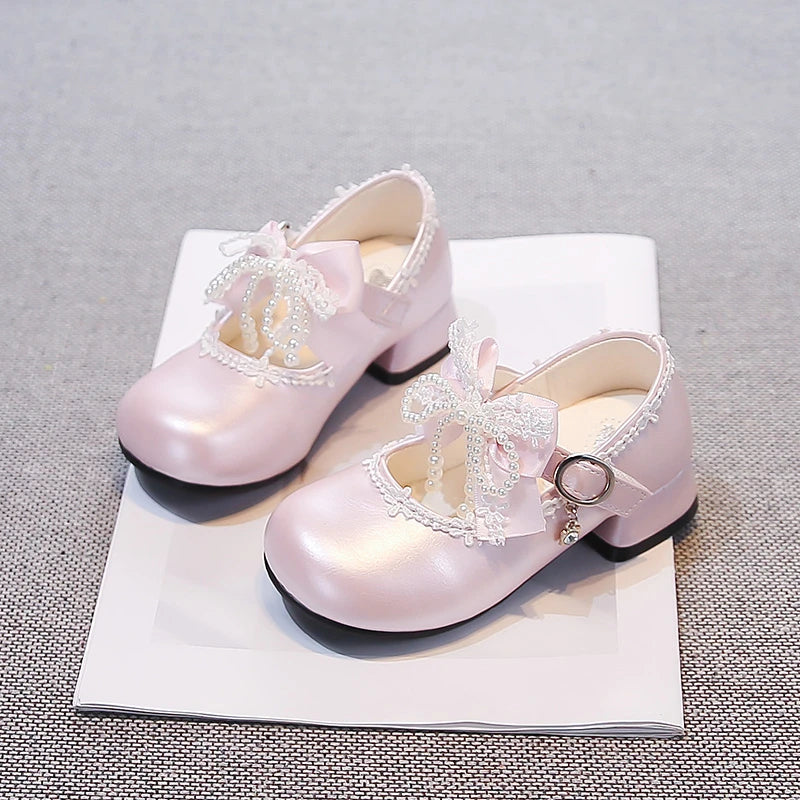 Girls Leather Shoes High Heels Kids Princess Shoes for Party Wedding 2026 Brand New Children Dance Shoes Sweet Beading Bows