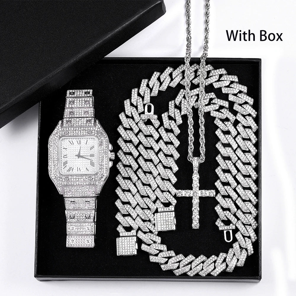 Hip Hop Men's Watch Jewelry Gift Set Glitter Silver Quartz Watch with Cross Pendant Necklace Street Punk Luxury Party Accessory