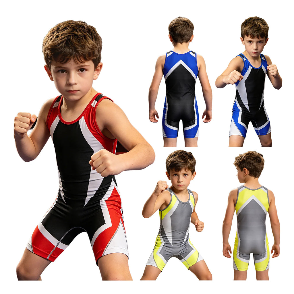 Kids Boys Exercise Wrestling Singlet Color Block Jumpsuit Sleeveless Quick-dry Thigh Length Bodysuit Sports Workout Cycling Set