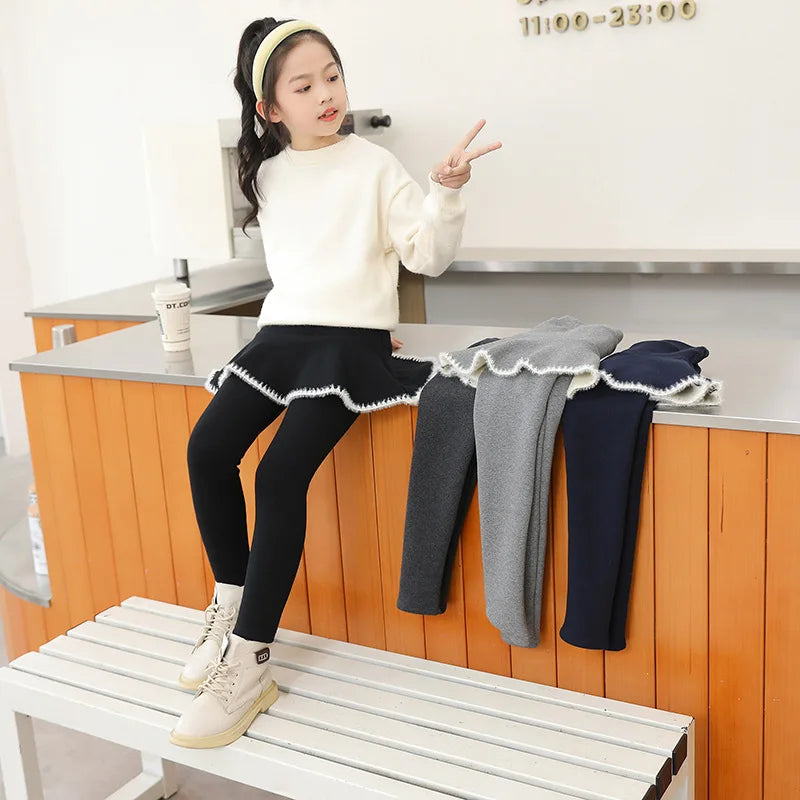 3-10 Years Girls Winter Pants Bootcuts Fleece Leggings for Kids Thick Warm False Two Pieces Culotte Children Skirtpants Trousers