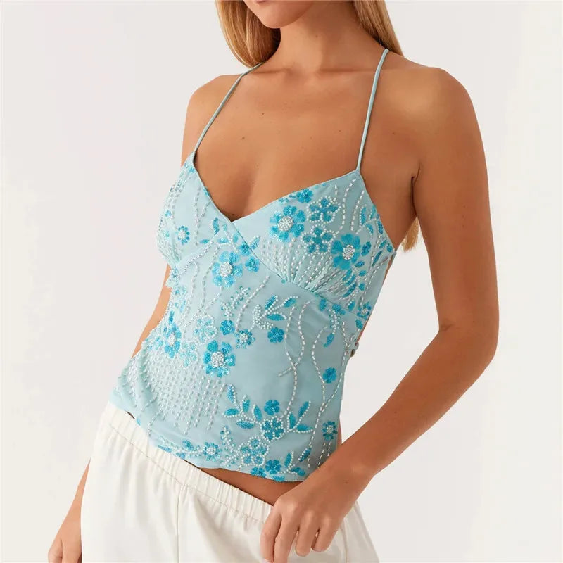 2025 Sequin Beaded Cami Mini Dress Sexy Front V Neckline Sleeveless Short Dresses for Women Backless Criss Cross Straps Dress