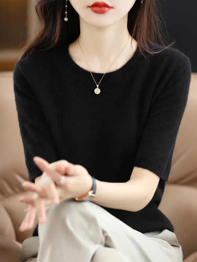 Spring Summer Women Sweaters Short Sleeves O-neck Bottoming Shirts Knitwear 2024 Summer Knit Tops Pullovers Korean Jumpers