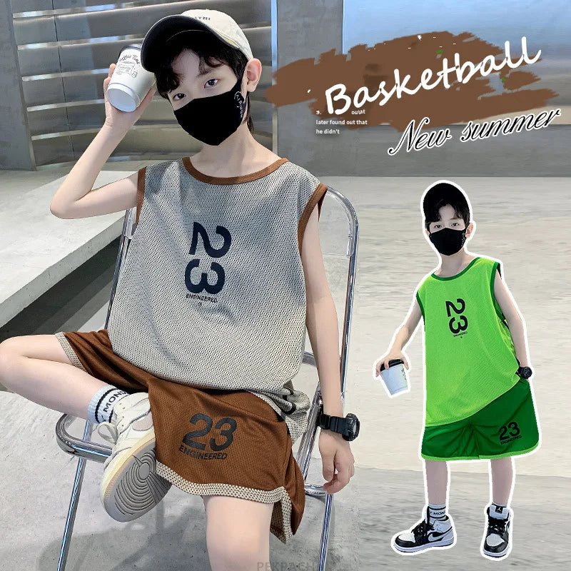 Kids Boys Summer Sports Jerseys Children Vest And Shorts Tracksuit 2Pcs Clothing Set Kids Basketball Clothes Set Sporty Uniform