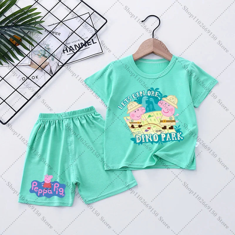 Children Anime Cute Pajama Set Cartoon Peppa Pigs Casual Pajamas Summer Clothing Nightwear Homewear Short Sleeve Loungewear Gift