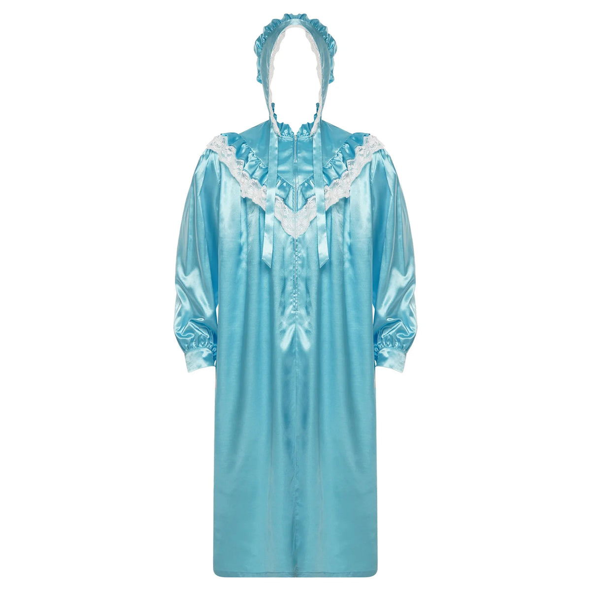 Mens Pajamas Party Vintage Victorian Style Nightgown with Hat Set Ruffled And Lace Trim Long Sleeve Front Zipper Sleep Dress