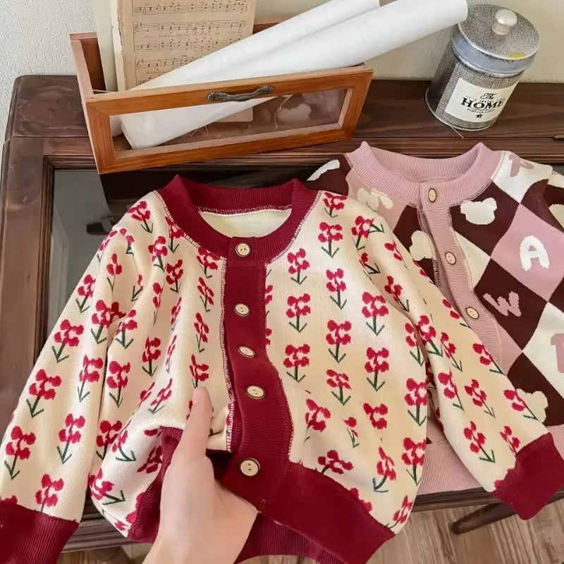 1-7T Children Long Sleeved Jacket Fur Padded Cute Girls Coat Kids Autumn Sweet Cherry Checkered Pattern Warm Cardigan Outwear