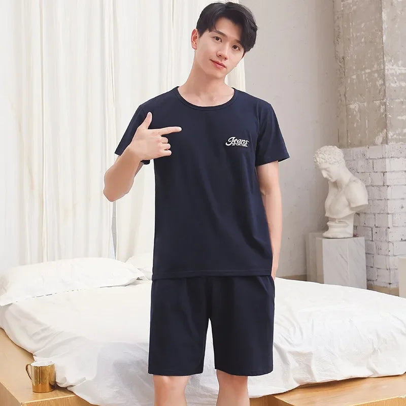 Men Pajama Set Cotton Short Sleeve Shorts Casual Striped Nightwear Loungewear Two-Piece Set Plus Size Summer Man Sleepwear