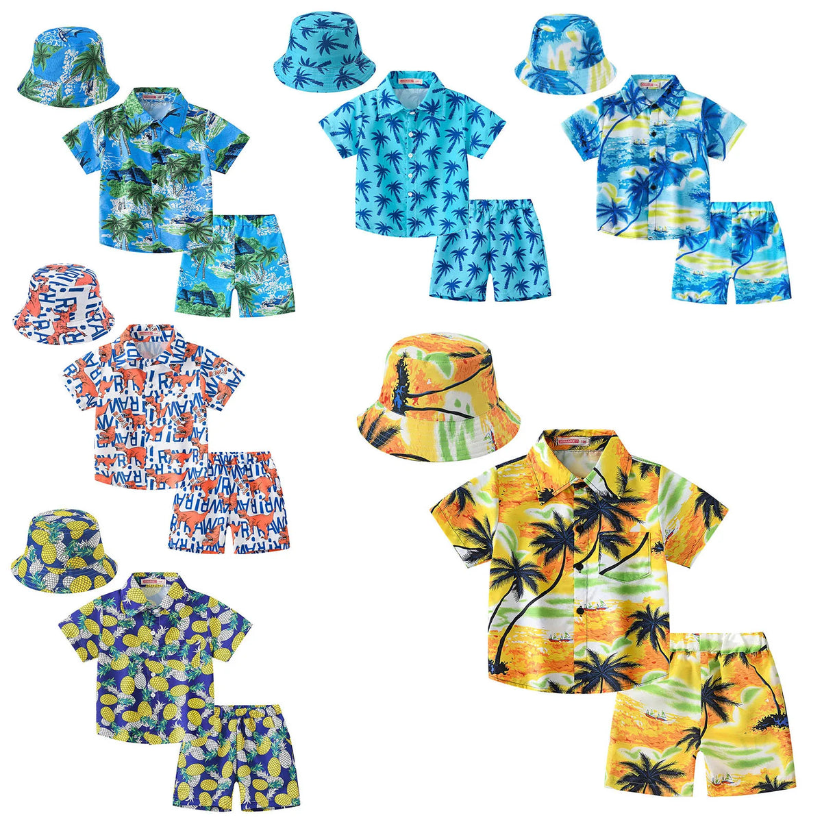 Kids Boys Summer Beach Clothes Set Hawaiian Outfits Print Short Sleeve Shirt with Shorts Bucket Hat Pool Swimwear Beachwear