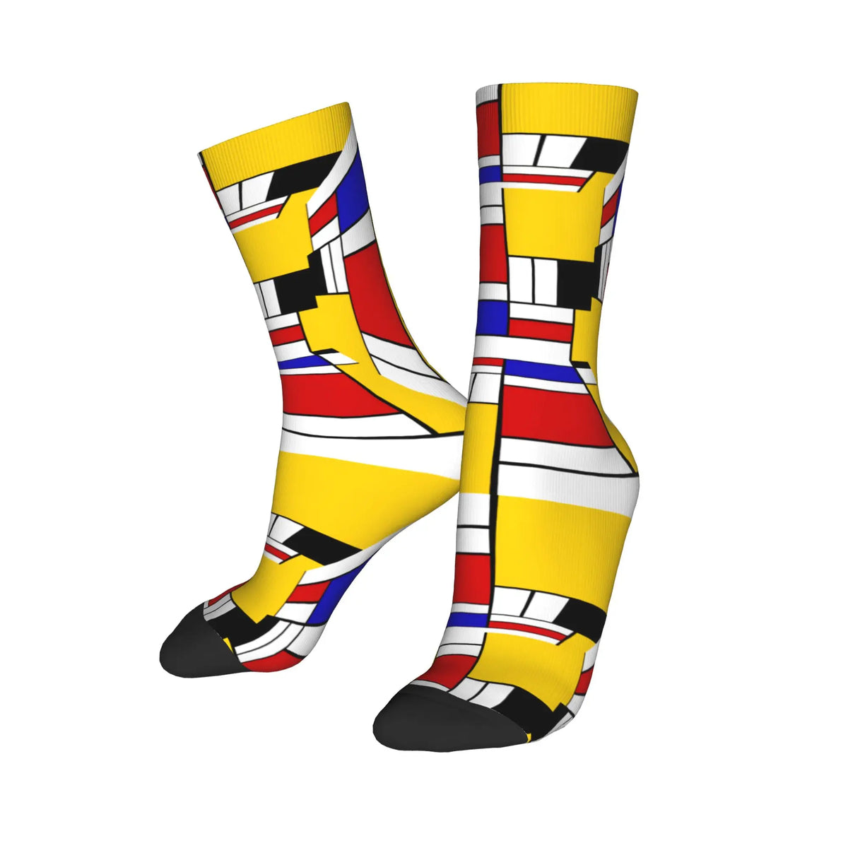 Custom Color Art Retro Mondrian Men Women Crew Socks Unisex Fashion 3D Printed Abstract Art Plaid Dress Socks