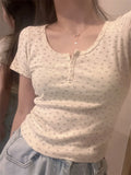 Y2k Short Sleeve Sexy U Collar Floral Print Lace Slim T-shirt 2025 Summer Women Clothing Floral Slim Shirt Button T-shirt Top