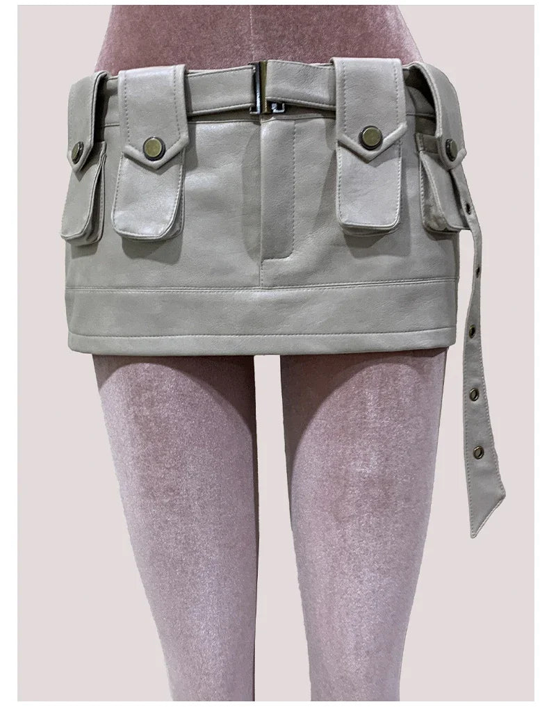 Spring Summer Brown Pu Leather Mini Skirt Women Three-dimensional Pockets Luxury Designer Vintage Emo Clothes Runway Fashion