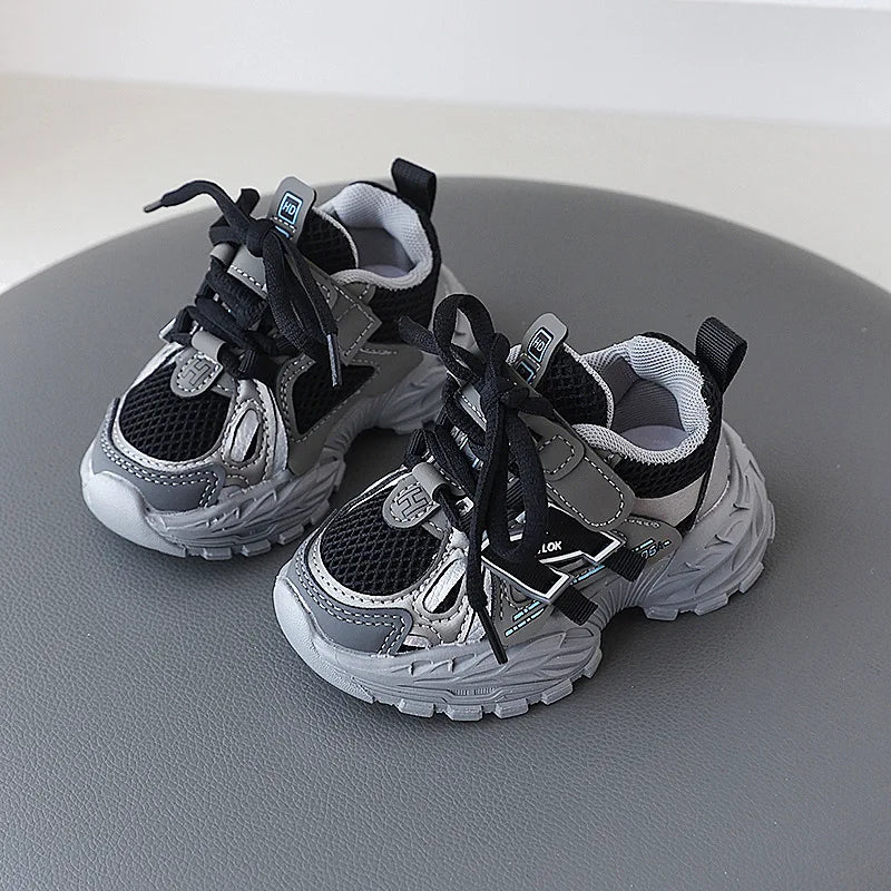 Children Sport Shoes Kids Sneakers Spring Autumn Toddler Shoes Fashion Design Boys Girls Lace-up Casual Shoes Gray Black