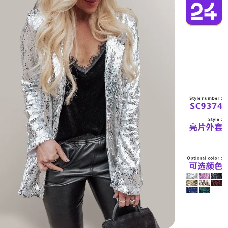 New Women's Trendy Sequined Jacket Long-sleeved Fashion Nightclub Cardigan High Street Casual Bar Performance Blazer