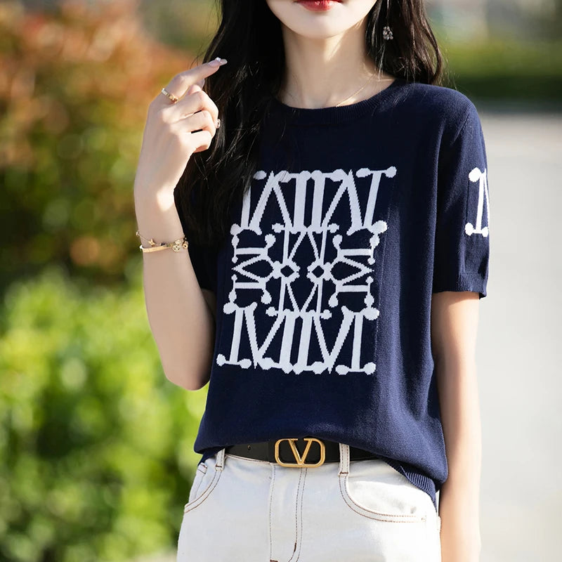Women's T-shirt Summer New 100% Cotton Sweater Short Sleeve Knitted Embroidered Round Neck Women's Top Loose Fashion Pullover