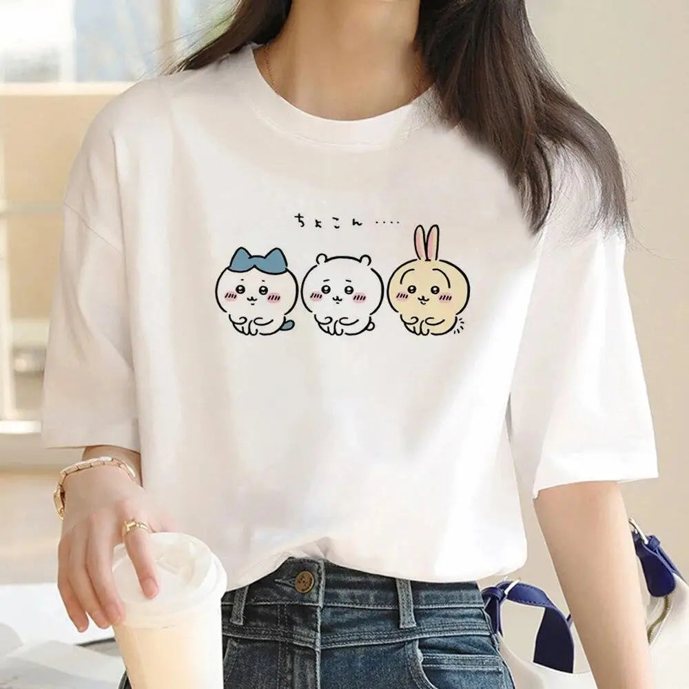 Kawaii Chiikawa Drinking Party T‑shirt Hachiware Usagi Kurimanju Cartoon Print Casual Loose Short Sleeve Tee Summer Unisex Tops
