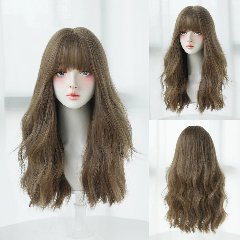 Long Curly Hair Women Wig with Bangs Daily Brown Black Pink Lolita Cosplay Braided Wigs Heat Resistant Fiber Party Fake Hair