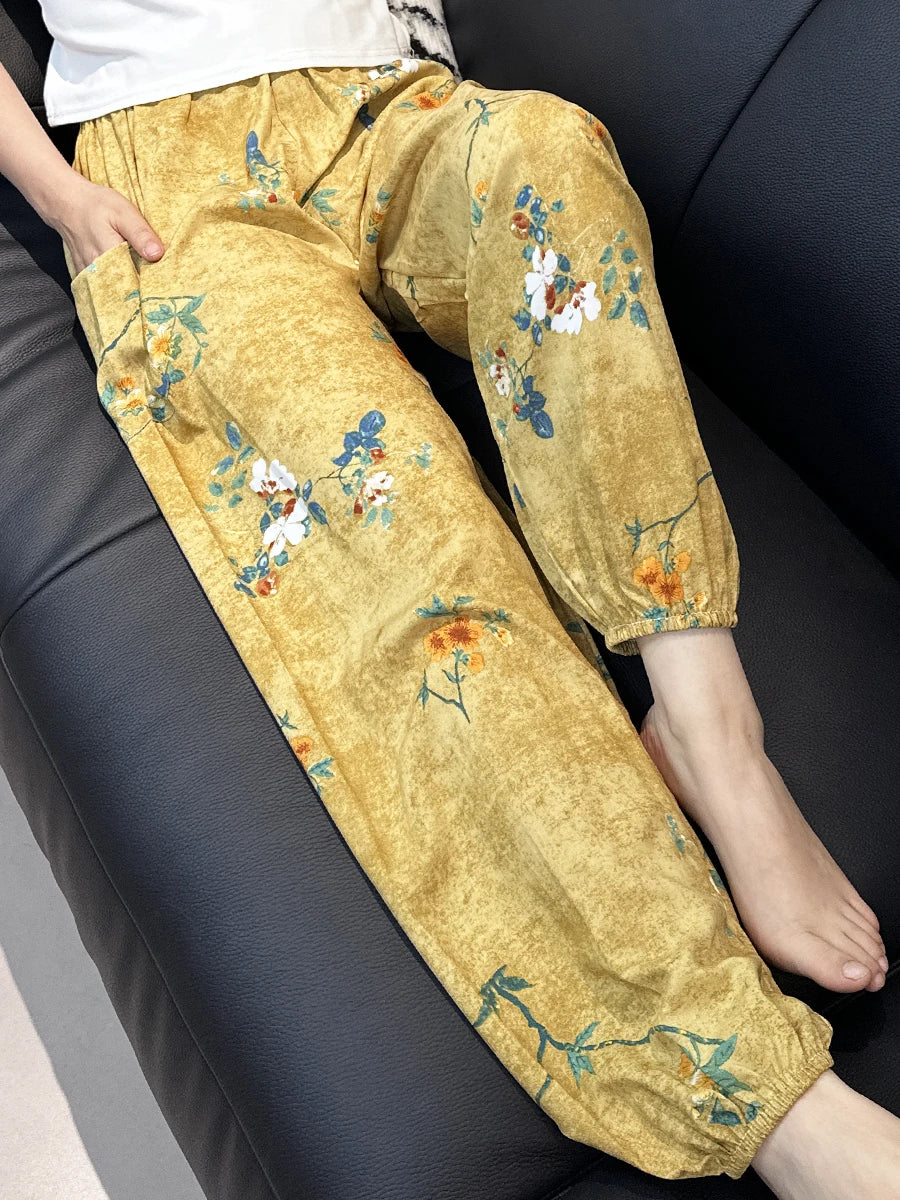 Cool Summer New Silk Cotton Spwear Loose Women's Wide Leg Pants Home Wear Floral Print Heat Resistant Comfortable Casual T...