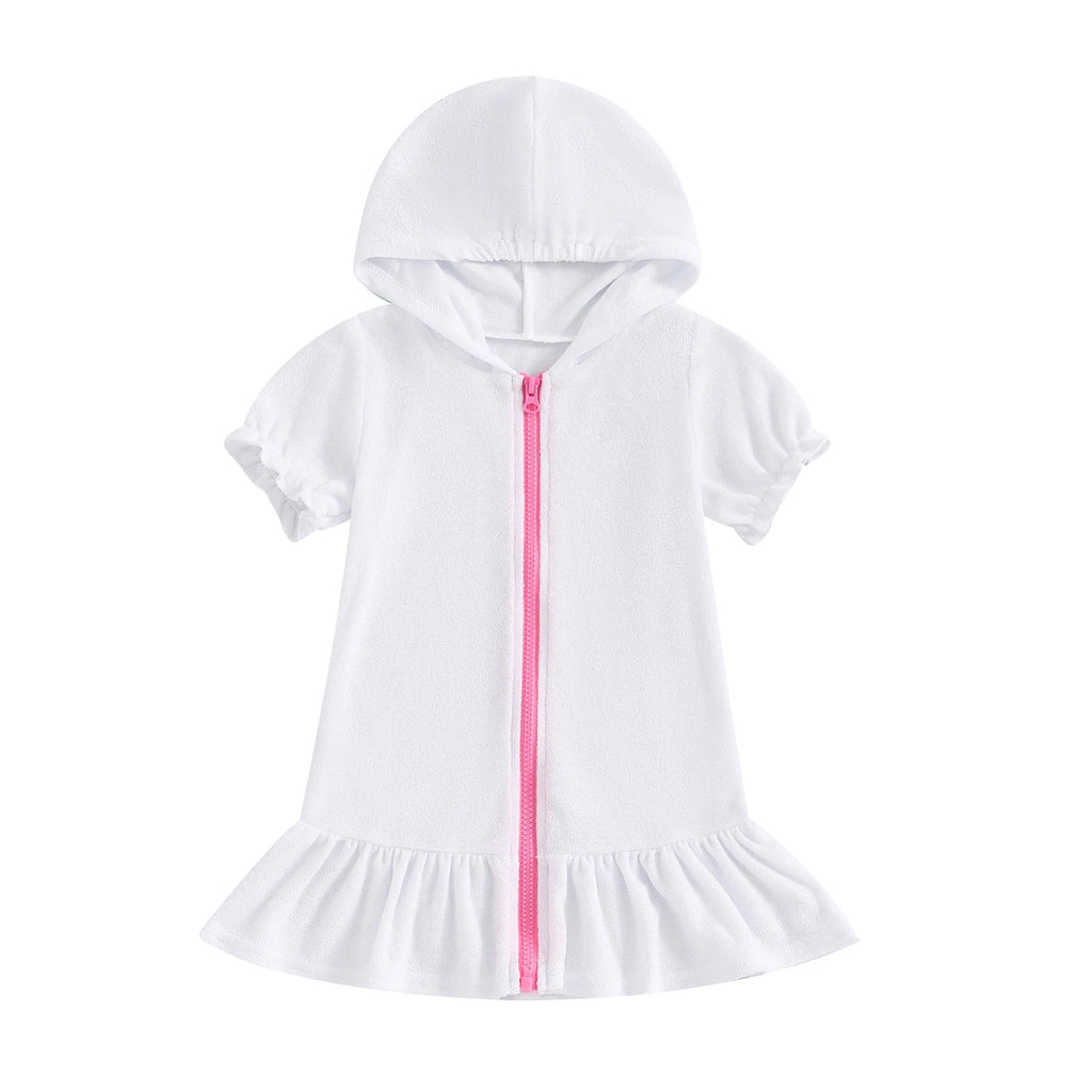 Children Kids Girls Dresses Toddler Girls Short Sleeve Zipper Hooded Ruffles Cover Up Holiday Beach Dress 1-8Y
