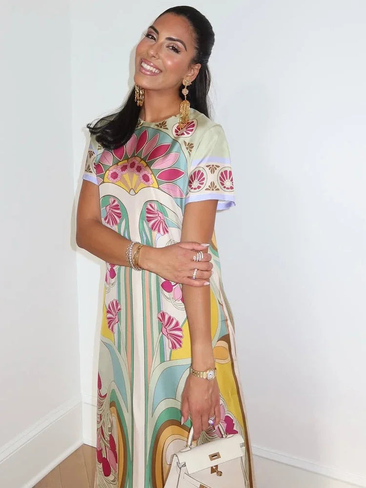 Women Art Floral Print Feather Hem Maxi Dress Crew Neck Short Sleeve Loose Fit Dresses 2026 Summer Fashion Elegant Lady Vestidos
