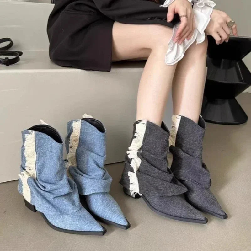 Boots Women 2024 New Four Seasons Western Blue Vintage Pointed High Heels Outdoor Fashion Walking Short Shoes Comfortable