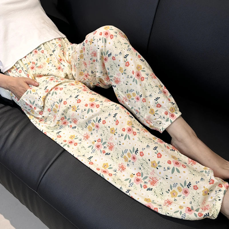 Cool Summer New Silk Cotton Spwear Loose Women's Wide Leg Pants Home Wear Floral Print Heat Resistant Comfortable Casual T...