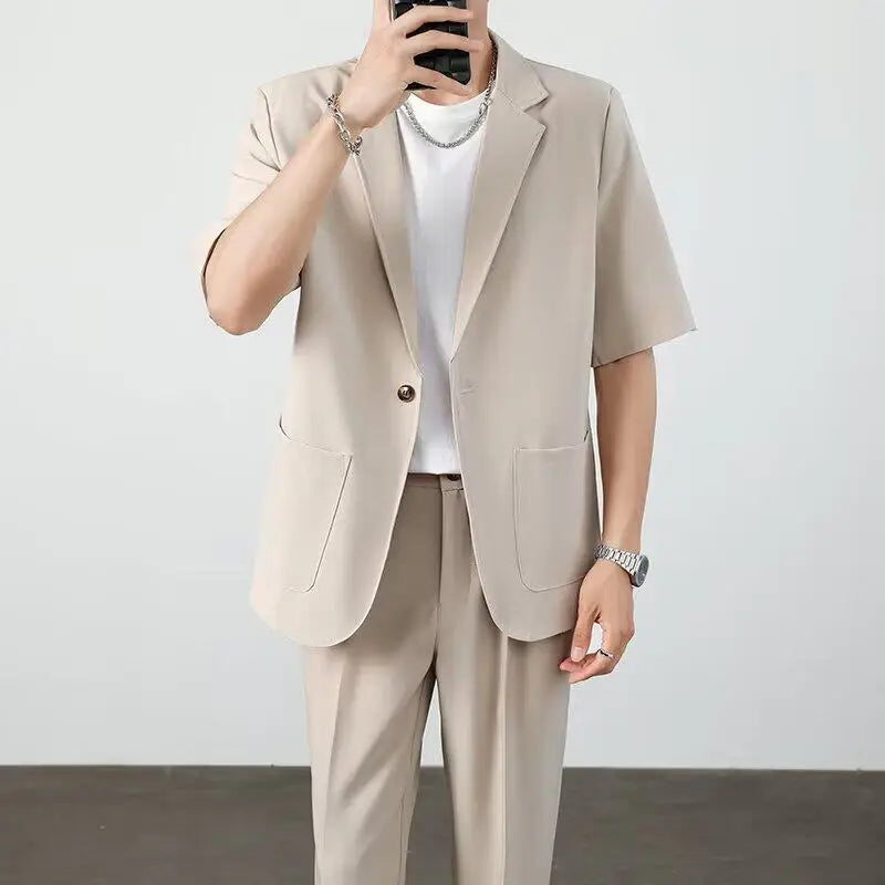 Men's Casual Half Sleeve Suit Jacket Polyester Fiber Breathable round Hemline Single Button Closure Standard Fit Adult Wear