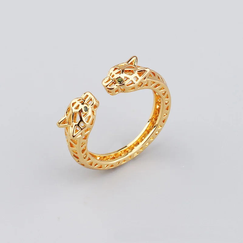 Europe America Style Men Women Lady Plated Gold Color Inlay Cubic Zircon Hollow Out Green Eyes Double Leopard Open Ring Bracelet