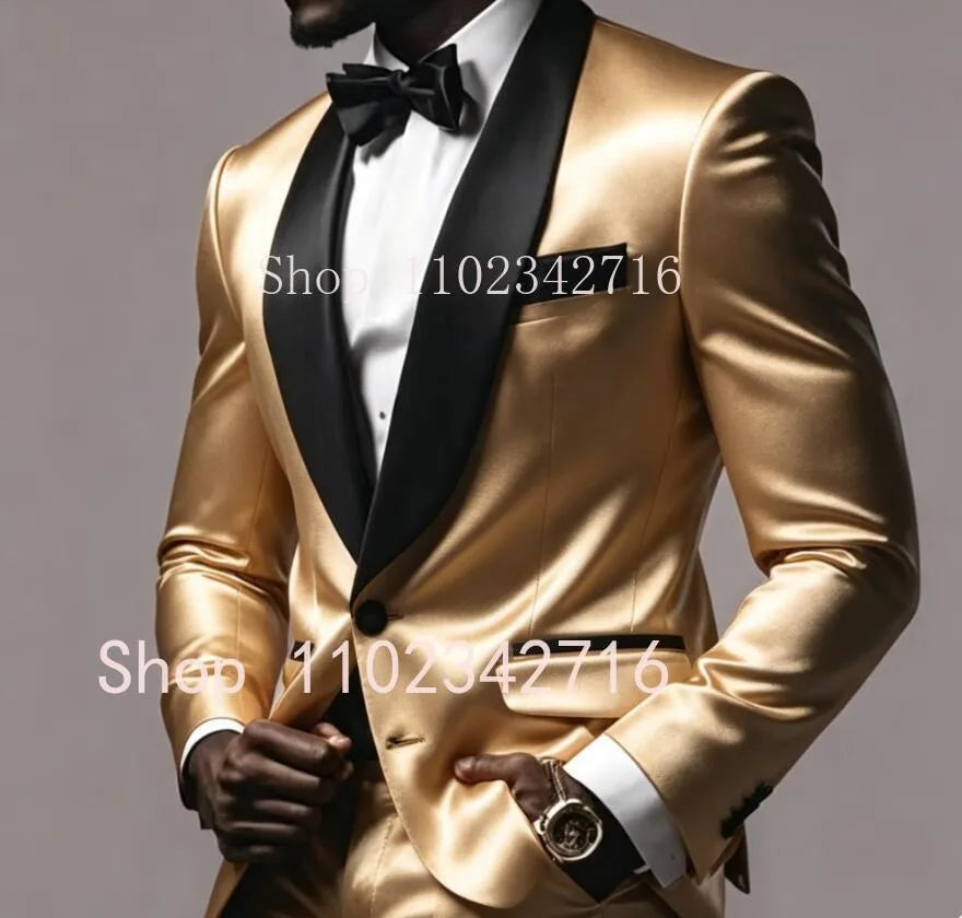New Luxury Red Satin Men Suits 2025 Shawl Lapel Single Breasted Wedding Blazer 2 Piece Jacket Pants Formal Prom Party Suit Male