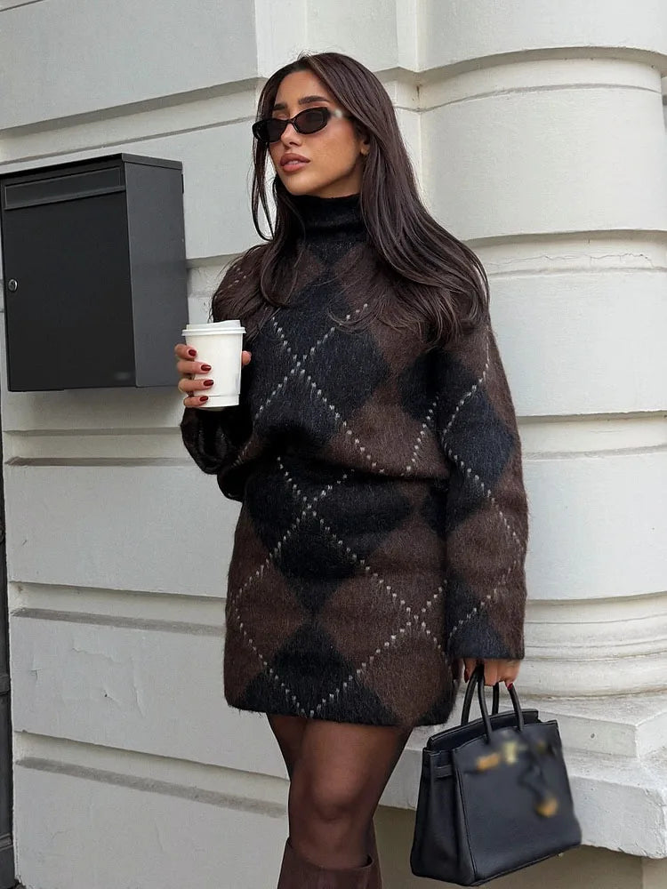 HH Women's Fashion Knitted Single Breasted Long Sleeve O-Neck Sweater+Summer Casual Elastic Waist Solid Mini Skirt Set Mujer