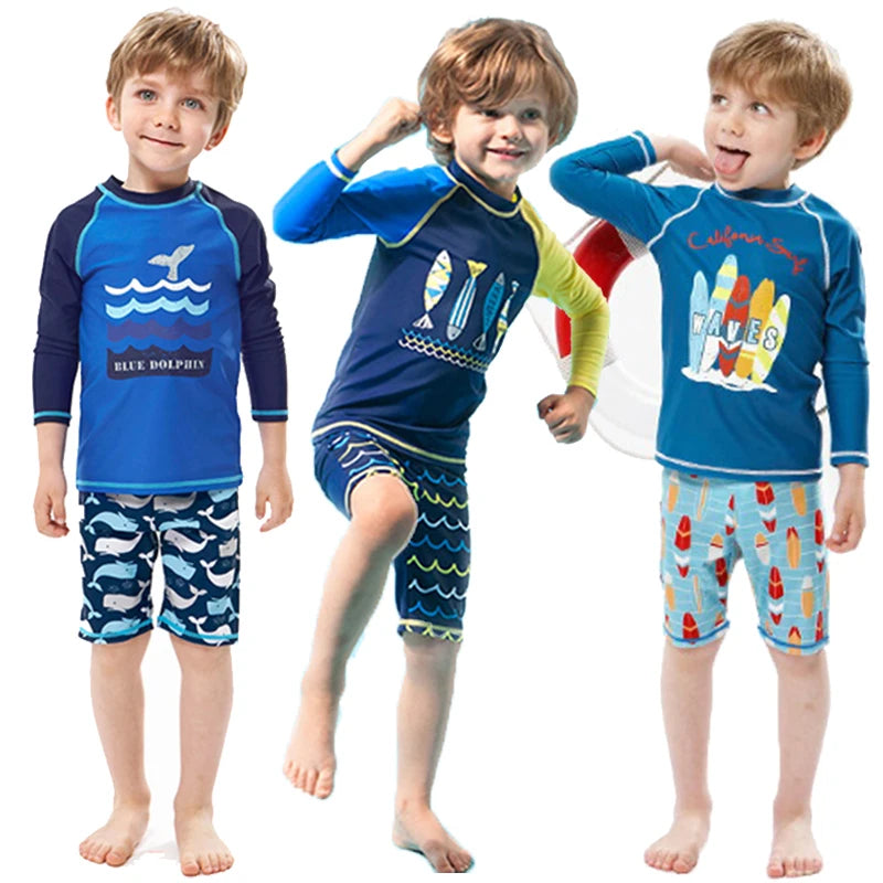 Long Tops+Shorts 2pcs/Set Kids Swimsuit Boys Swim Suit Kids Bathing Suit Children's Swimwear Kids Surfing Spa Pool Swimsuits